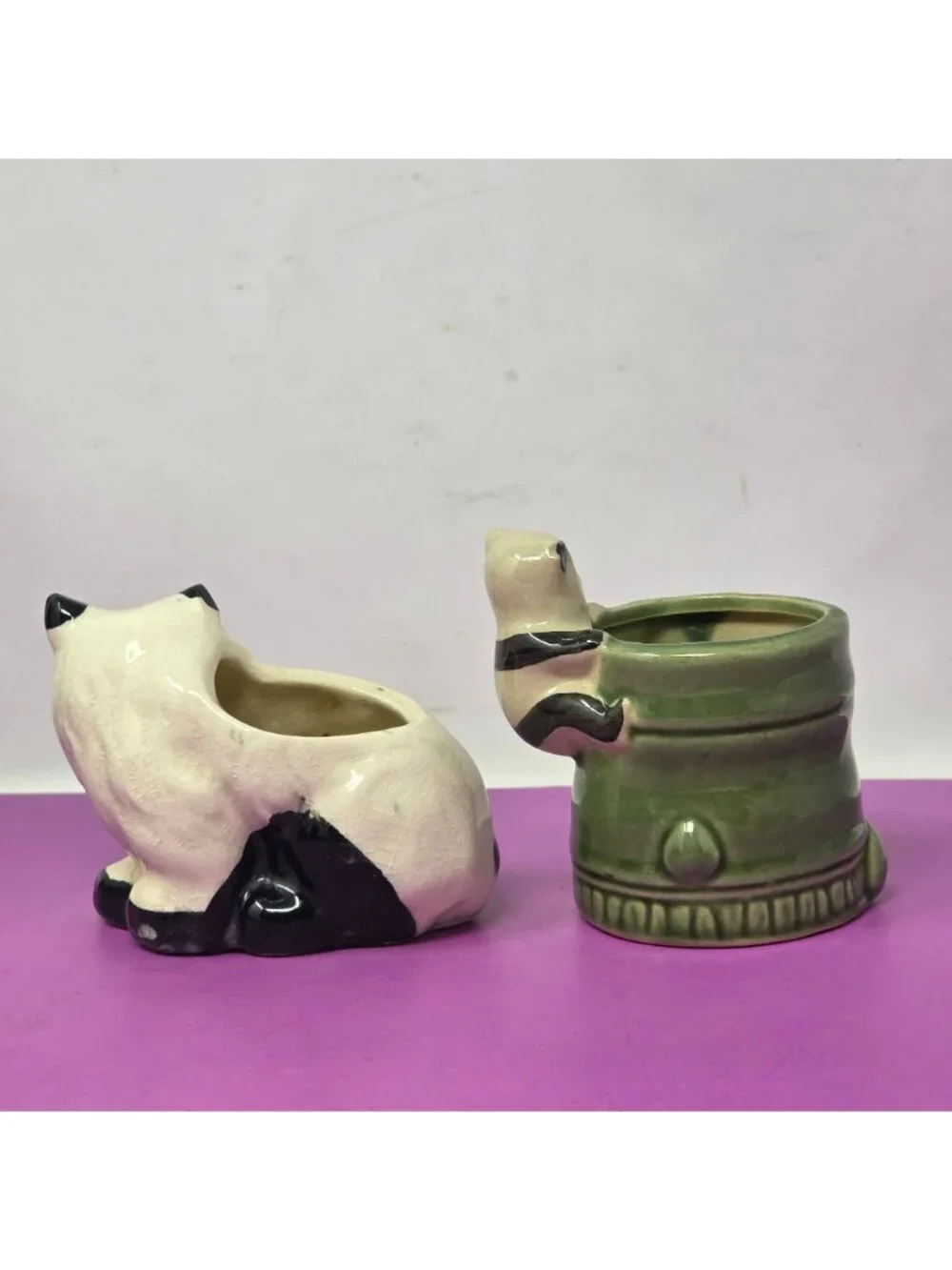 Hand-Painted Panda Ceramic Planters Set Of 2 Green Bamboo & Sitting Panda Design